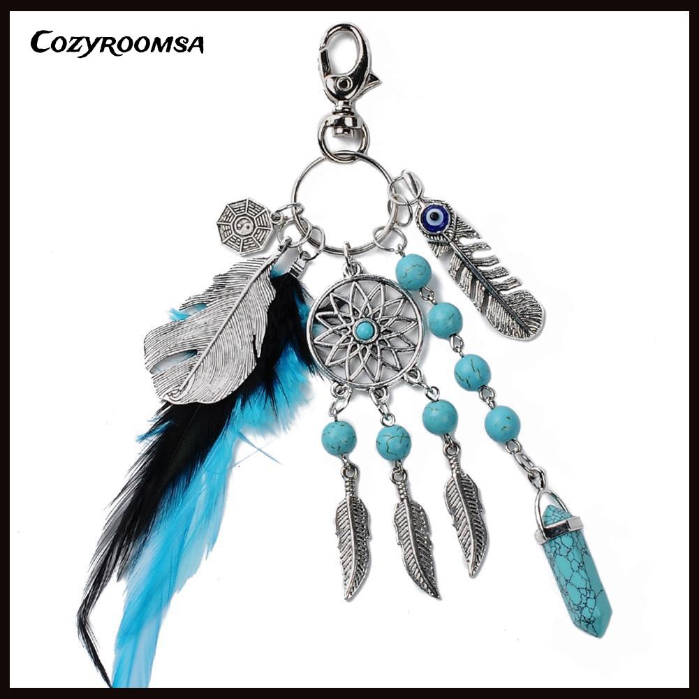 Móc khóa hình lưới giấc mơ đính đá ngọc lam phong cách Boho