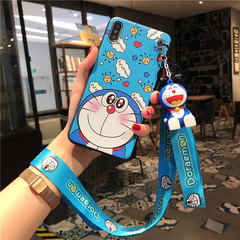 Ốp điện thoại mềm in hình Doraemon kèm dây đeo + giá đỡ xinh xắn cho iPhone 6 6s 7 8 Plus X XS Max XR 11 12 13 Pro Max 12 Mini HD07