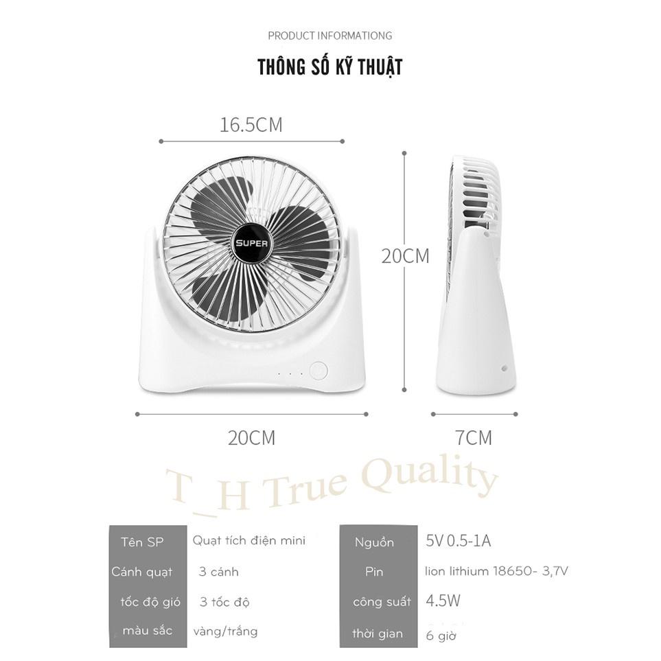 Quạt để bàn mini sạc tích điện Super Fan, 3 chế độ mát, để bàn làm việc, ô tô...  tiện dụng nhỏ gọn