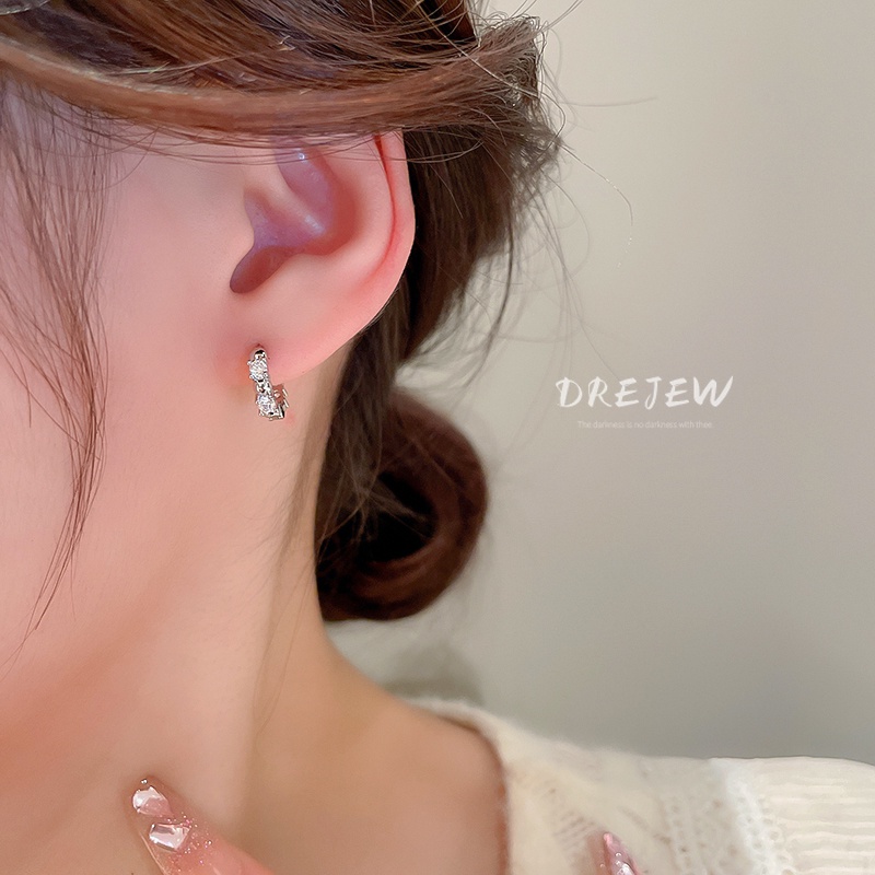 DREJEW Khuyên tai dáng tròn đính đá zircon đơn giản phong cách Nhật Hàn