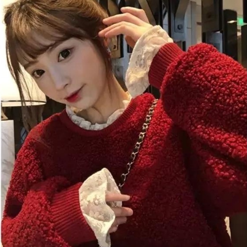 Áo Sweater phối nhung lông cừu dày thời trang Hàn Quốc mới cho nữ