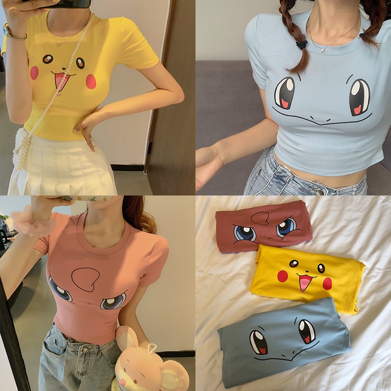 Áo thun croptop tay ngắn in hình Pikachu dễ thương