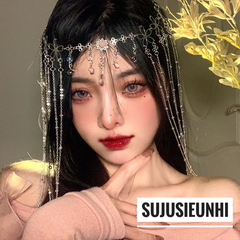 (Có video) Rèm che mặt cổ phong hình hoa và giọt nước hồng tua rua thả dài trang trí trán/ mạng che mặt cổ trang