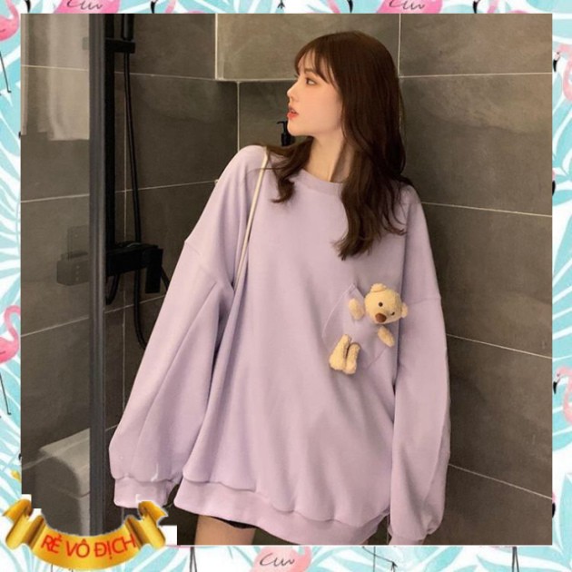 (mới) (TẶNG GẤU BÔNG) ÁO SWEATER NỮ kèm GẤU trơn thu đông unisex 2020 - ÁO NỈ GẤU TEDDY BEAR TÚI THỤNG ĐEN | TRẮNG | TÍM