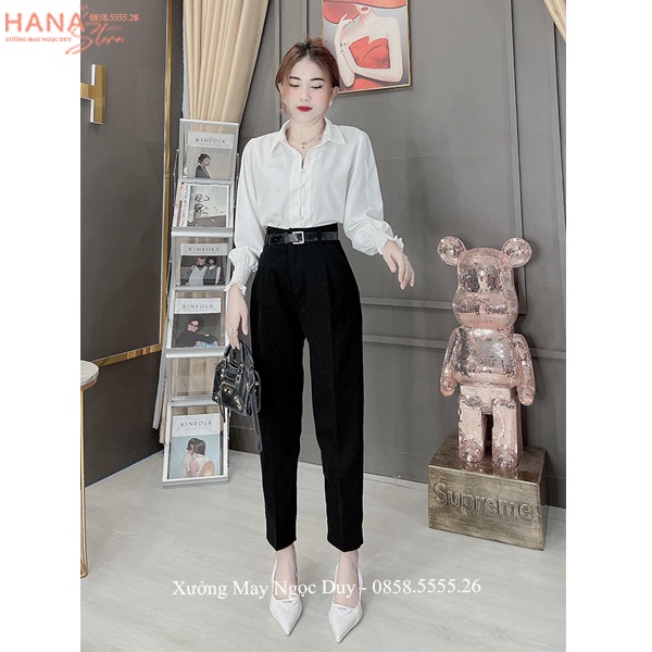 Quần baggy nữ công sở cạp cao có đỉa màu Đen dáng dài kiểu quần tây nữ lưng cao đi học công sở vải dày mềm co giãn nhẹ