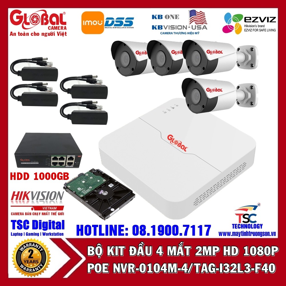 Camera Bộ Kit POE Đầu Ghi Hình + 4 Mắt Camera NVR-0104L-4/ TAG-I32L3-FP40 | Kèm Ổ Cứng Lưu Trữ 1000GB