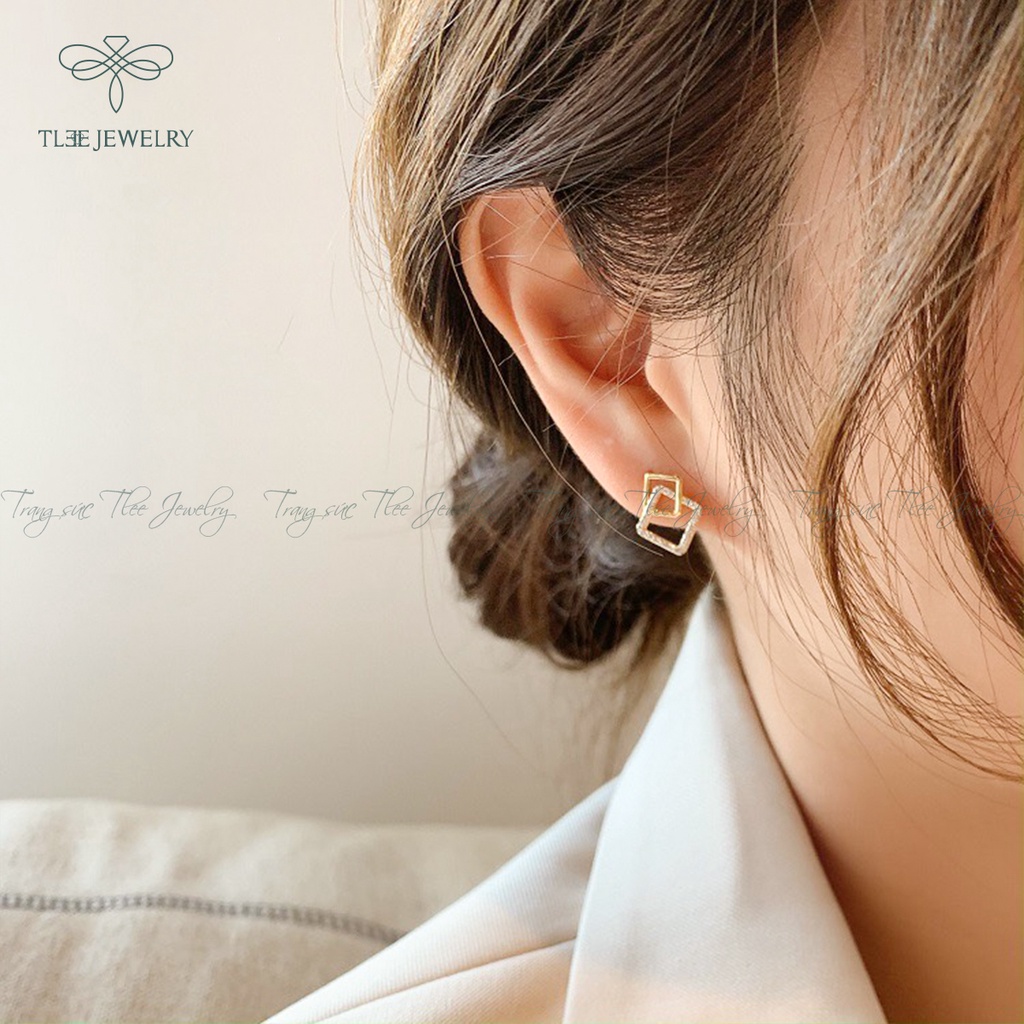 Khuyên tai bạc nữ TLEE mặt vuông kép nạm đá cao cấp NCJ B0101
