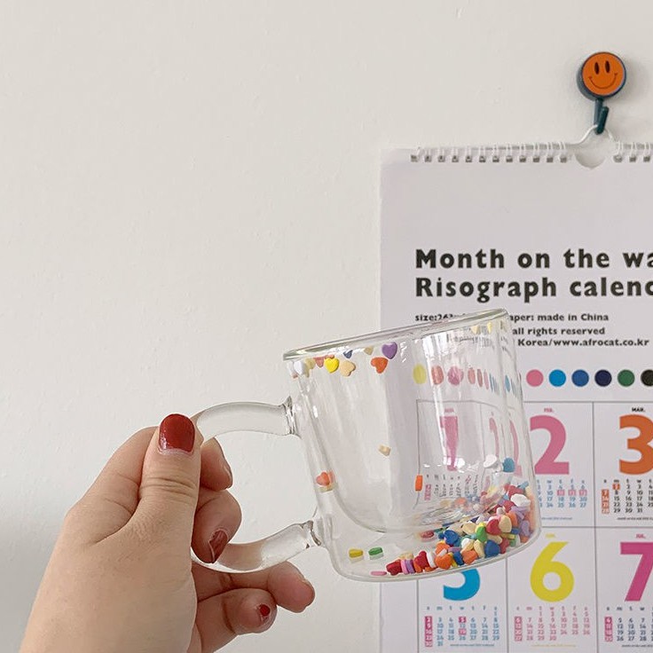 Ly, Cốc Thủy Tinh Hai Lớp Đáy Có Hạt Màu Heart Shaker Sprinkle