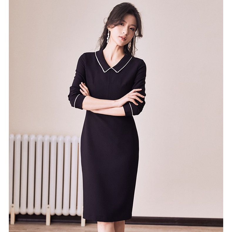 Đầm đen suông trơn tối giản cổ sơ mi viền trắng tay dài 3/4