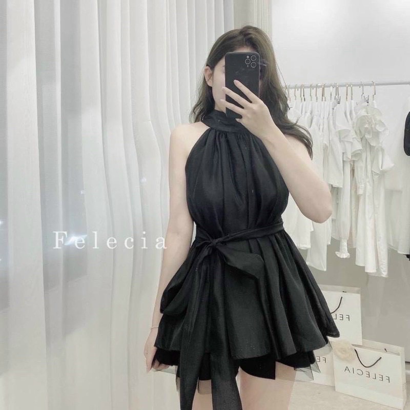 Áo kiểu nữ cổ yếm chất voan lụa  phối dây buộc nơ rời mặc được nhiều kiểu
