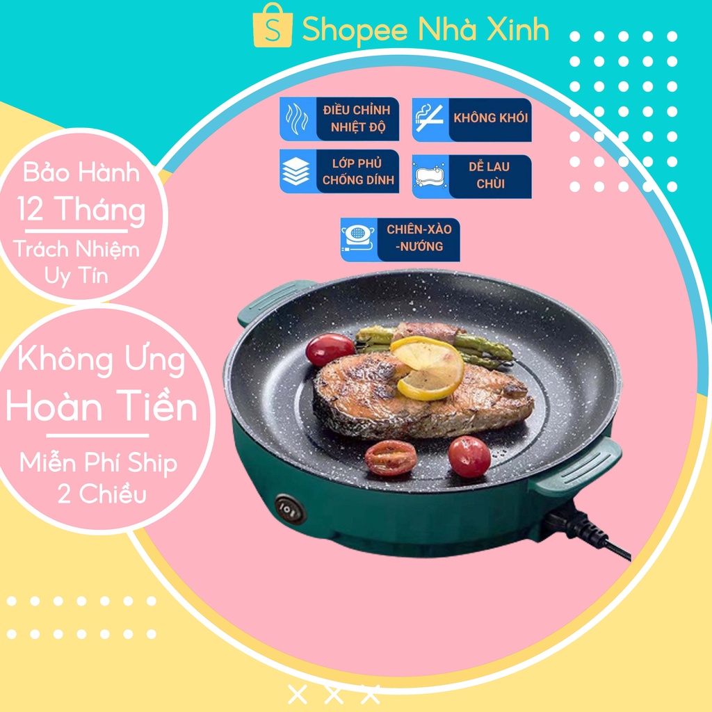 Chảo chống dính nướng điện mini chiên, xào 2 nấc G01 ngắt điện an toàn công xuất lớn vân đá tiện lợi vệ sinh 26cmC