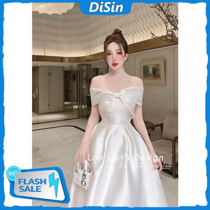 Đầm Tapta Nơ Kiểu Trễ Vai Dáng Xòe Mẫu Trơn Thích Hợp Dự Tiệc Đi Chơi