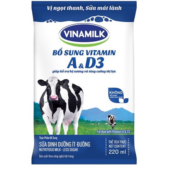 SỮA VINAMILK CÓ ĐƯỜNG/ KHÔNG ĐƯỜNG/ DÂU/ SOCOLA TÚI 220ML