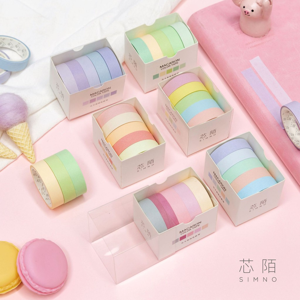 Set 5 cuộn băng keo giấy dán trang trí DIY màu sắc macaron 10mm*5m đa năng dành cho sổ tay