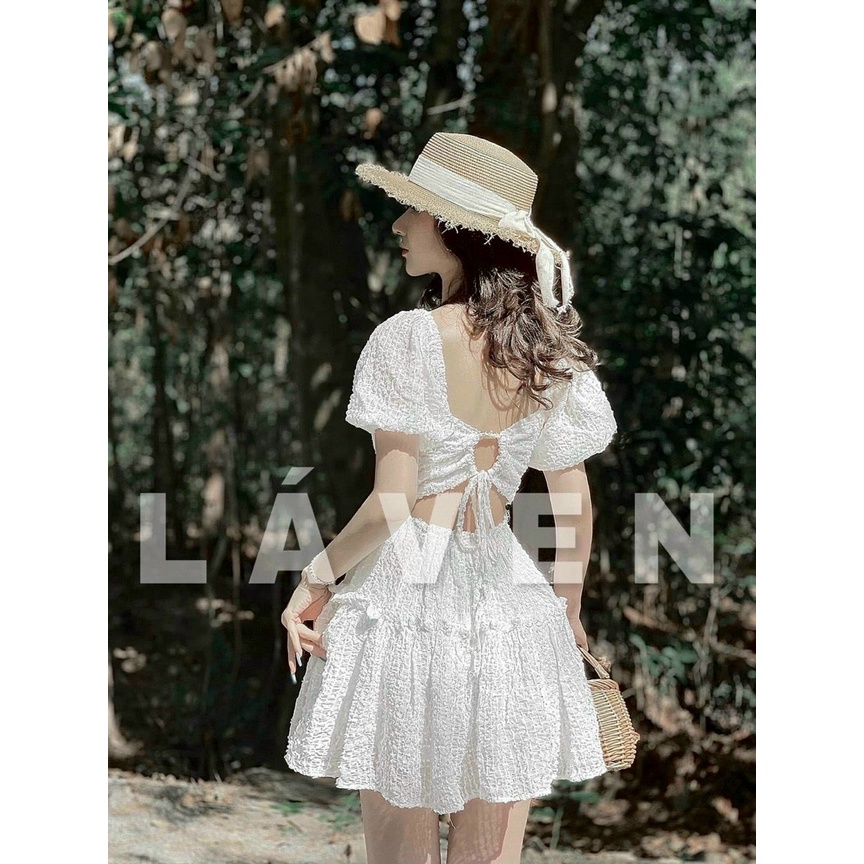 Váy cổ vuông đầm xoè hở lưng buộc dây tiểu thư tay bồng tôn dáng 3 tầng chất gấm xốp nổi cao cấ
