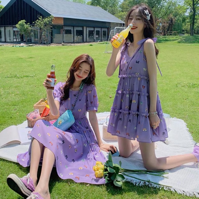 Váy tím hoạ tiết diện hè in hình bướm ulzzang