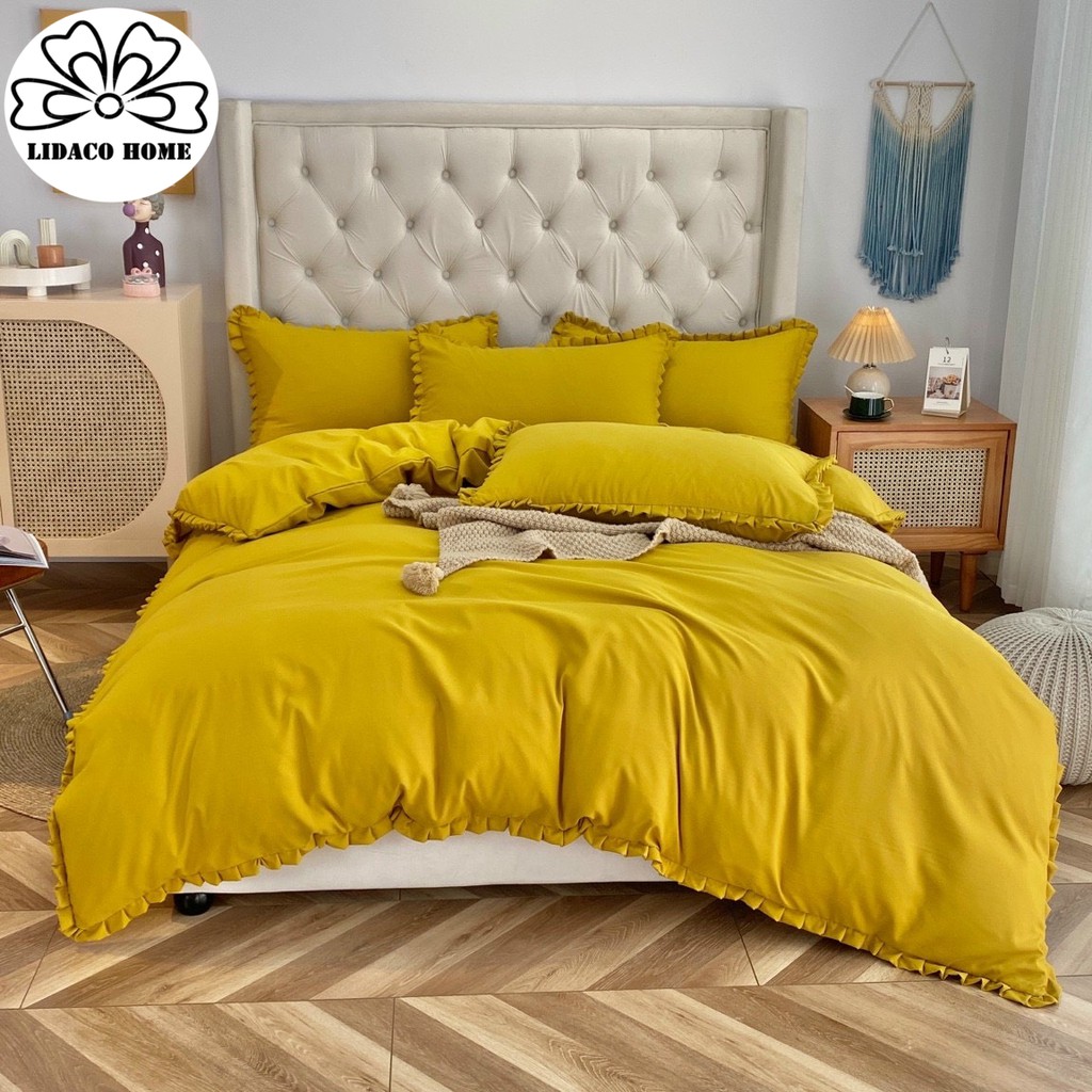 Bộ Chăn Ga Gối Cotton TICI LIDACO Bèo trơn - Vàng Nghệ