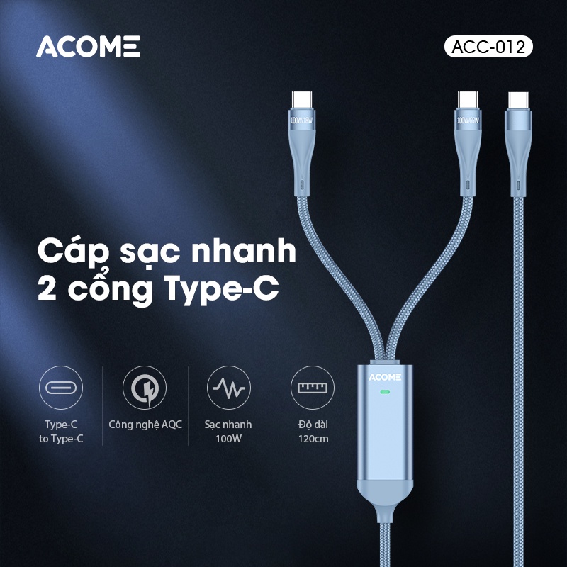 Cáp Sạc Nhanh Type-C to Type-C ACOME ACC-012 100W - 2 Cổng Type C Dài 120cm