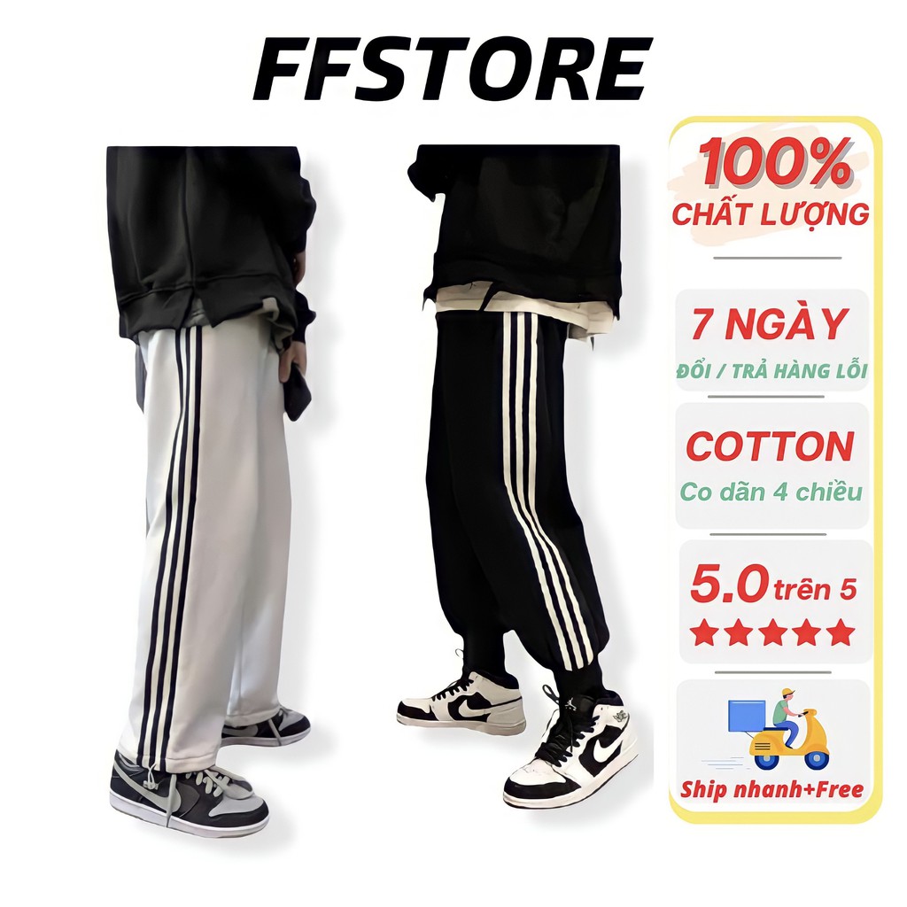 Quần ống rộng 3 sọc nam nữ có dây rút vải thun cotton thể thao 4 chiều form jogger dáng suông FFSTORE