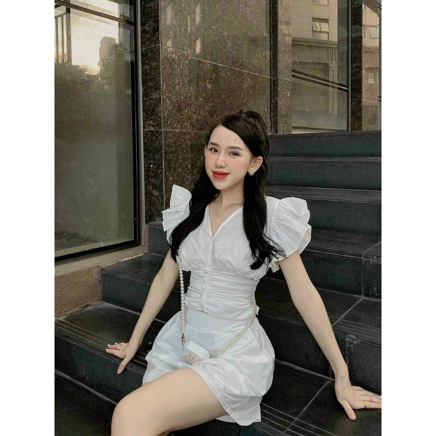 Set bộ đũi cánh tiên đi biển, set áo cổ v tay bèo nhún eo croptop mix quần short phồng dễ thương dx