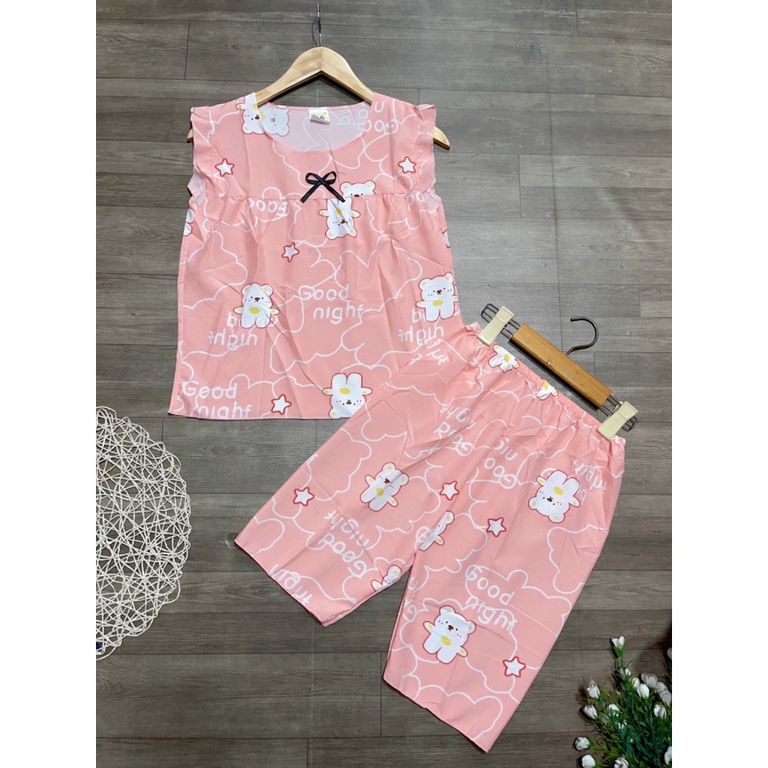 Đồ ngủ lửng cổ tròn chất vải lụa hàn mềm mại thoáng mát freesize dưới 57kg tùy chiều cao