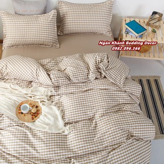 Bộ chăn ga gối drap giường cotton poly kẻ caro be Vintage hót nhất 2020