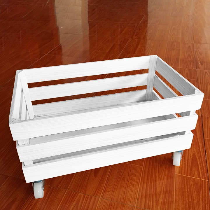Thùng Pallet màu trắng gỗ hộp đựng đồ đa năng có bánh xe đẩy kéo, trang trí homestay, Kệ decor gỗ thông đa năng gỗ thông