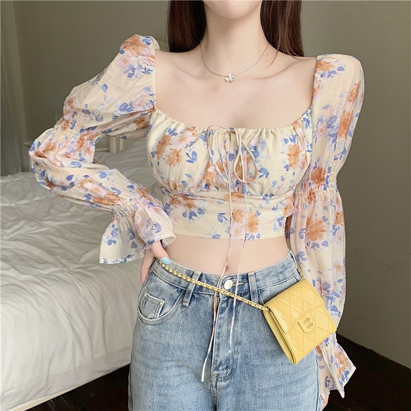 Áo sơ mi Voan Hoa Tay Dài Thời Trang Dành Cho Nữ ôm body cột nơ phong cách Hàn Quốc Quảng Châu K4T4-1