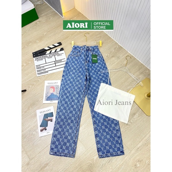 [CAO CẤP - ĐỦ 3 MÀU] Quần Jean Ống Rộng AIORI Lưng Cao Họa Tiết NY Thời Trang Hàn Quốc_Mã E004