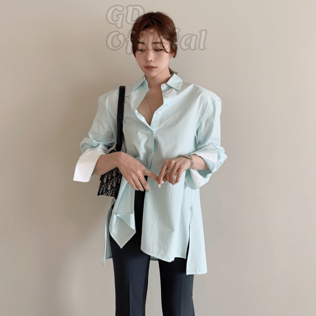 A8|Áo sơ mi trắng cotton dày dặn tay áo lật dáng rộng cho nữ thanh lịch công sở, basic xẻ tà xanh GD Official