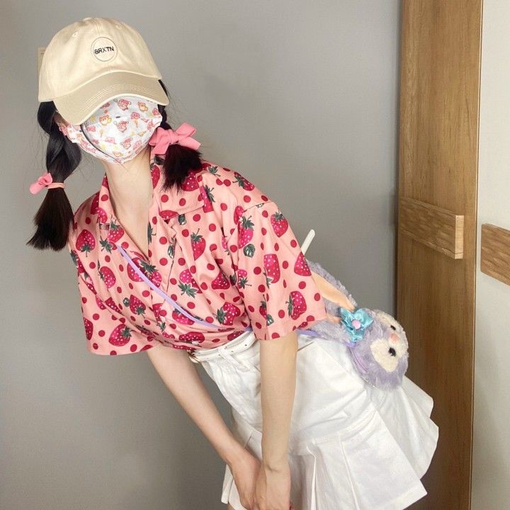 Áo sơ mi nữ tay ngắn họa tiết ngọt ngào dễ phối đồ phong cách Nhật Bản