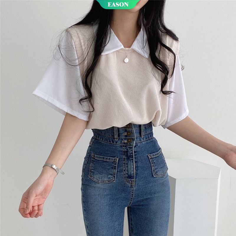 Áo Thun Tay Ngắn Cổ Polo Giả Hai Lớp In Hình Anime Dễ Phối Đồ Dành Cho Nữ
