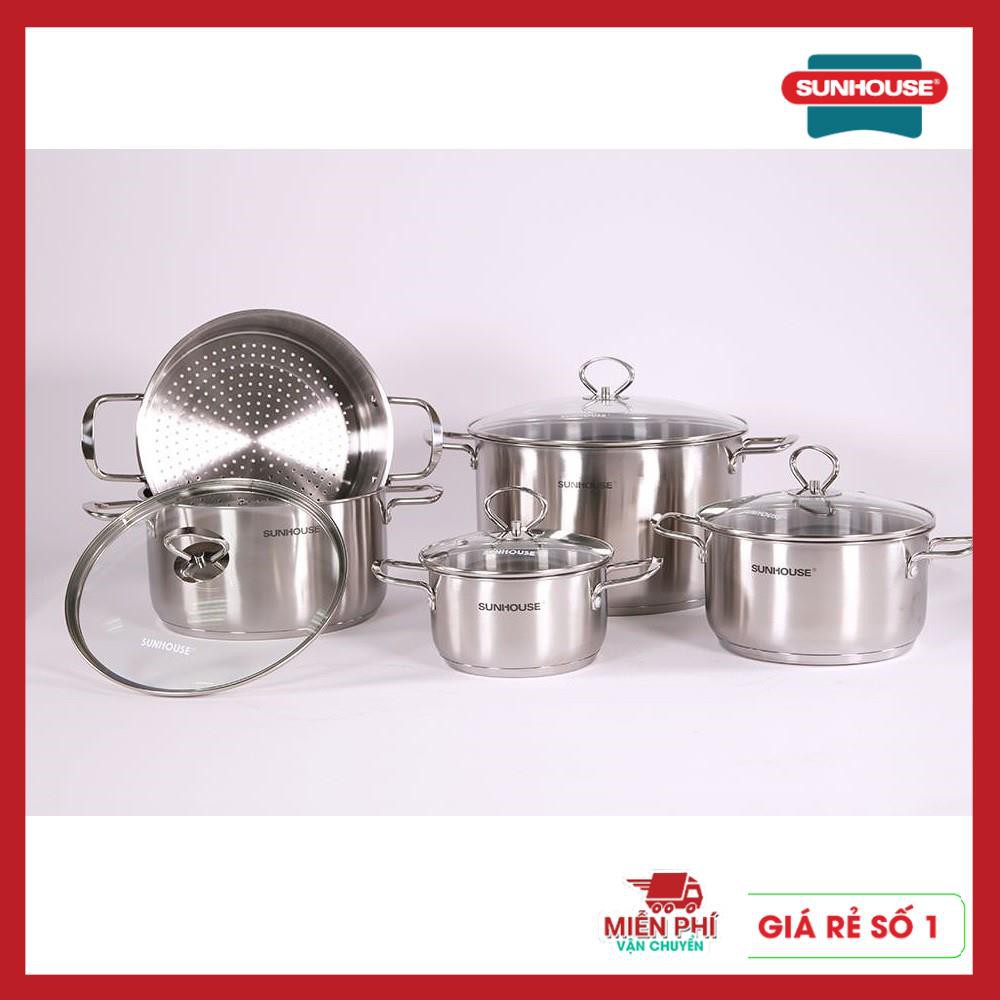 Bộ nồi inox 3 đáy 4 nồi + 1 xửng hấp  Sunhouse SH895, bộ nồi Sunhouse 3 đáy, dùng cho bếp từ.