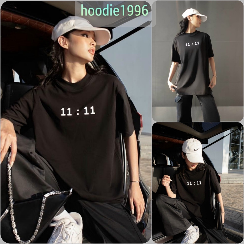Áo Thun Trơn Tay Lỡ IN 11:11 Ullzang Unisex 1 Màu Đen - Áo Phông Nam Nữ Unisex 100% Cotton ( có form rộng XL )