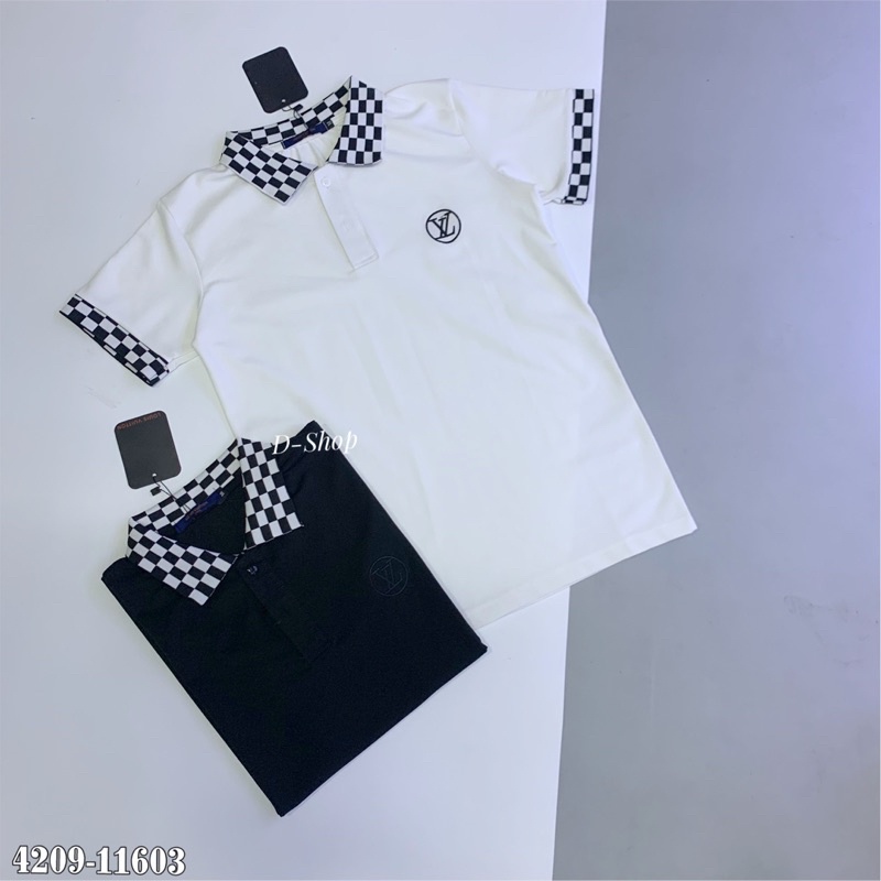 Áo phông nam cổ bẻ pha kẻ ca rô ô đen trắng 4208