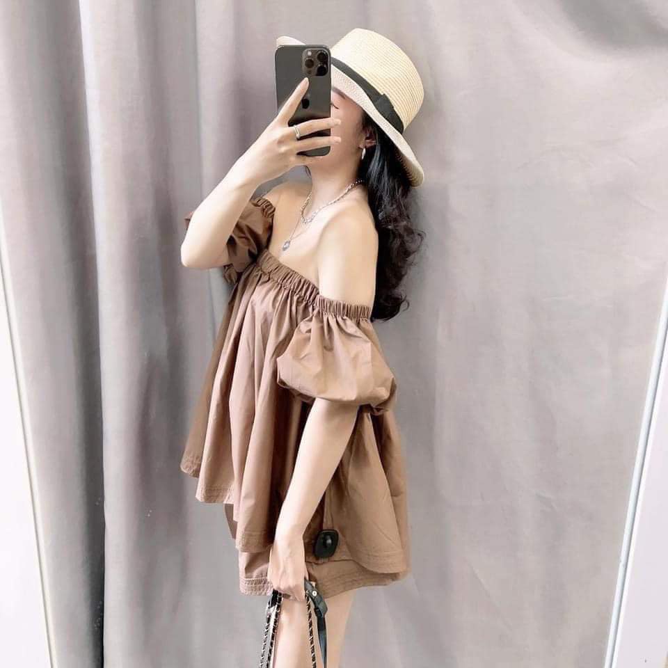 SQ016 Set áo trễ vai quần short ngắn nữ hè thu Bộ quần áo bở vai cổ chun quần cộc đùi trắng nâu xanh bơ cốm nữ tính hot