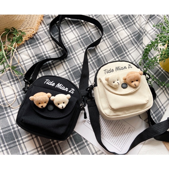Túi vải đeo chéo mini đính gấu xinh xinh