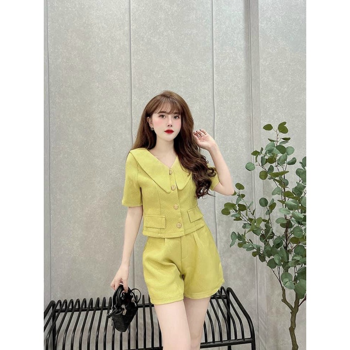 (Sale FreeShip) Bộ đùi nữ đi chơi,bộ  áo croptop nút cực xinh mix quần có túi,thiết kế trẻ trung,diện lên chanh sả