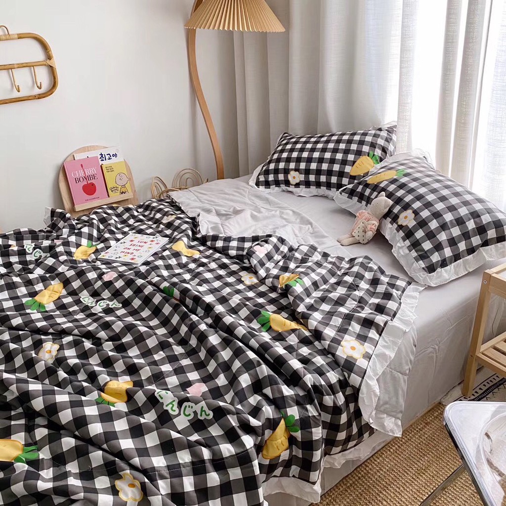 Bộ chăn đũi hè vỏ ga và 2 vỏ gối M2T bedding chăn lót bông thiết kế phối bèo họa tiết cà rốt nhật