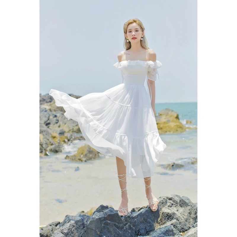 Đầm maxi bẹt vai cao cấp trong có lót chất lụa tơ óng mướt TRIPBLE T DRESS - size S/M/L - MS360V