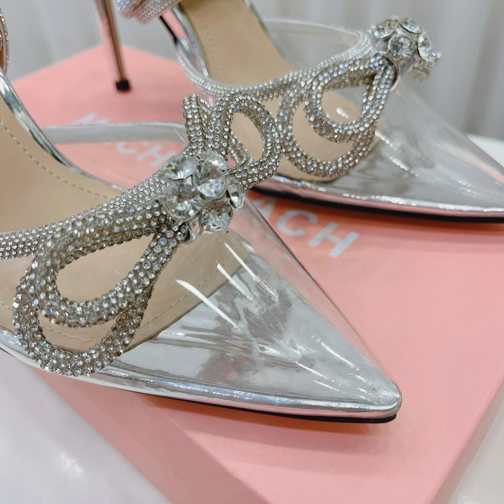 Sandal nữ cao gót, sandal lụa nơ đá dây quấn gót 10cm
