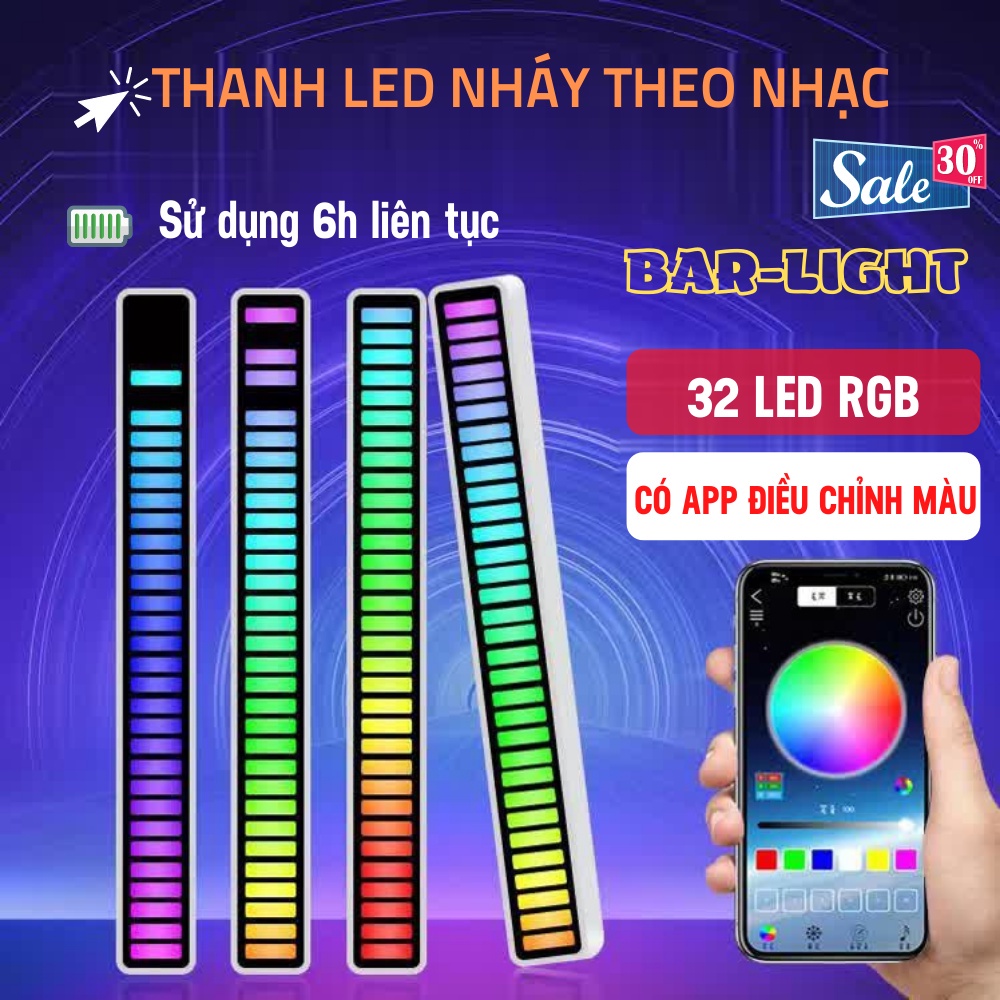 Thanh đèn Led RGB nháy theo nhạc, cảm biến âm thanh siêu nhạy, có chân đế trang trí bàn làm việc