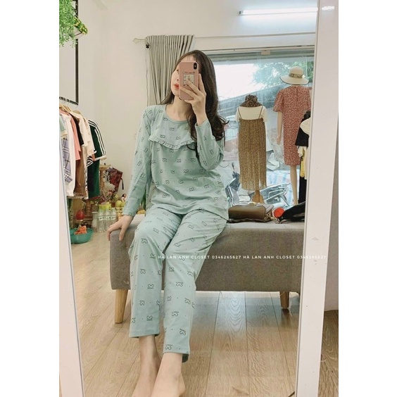 Bộ mặc nhà bầu và sau sinh hoạ tiết gấu pu viền bèo