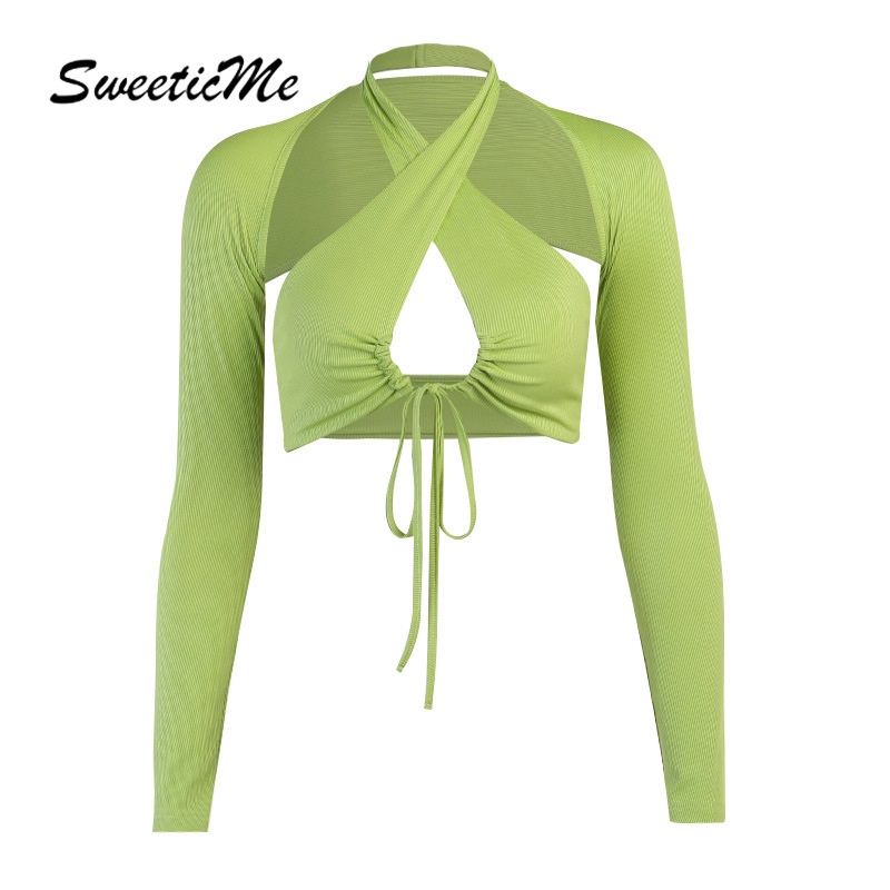 Áo kiểu hai mảnh dạng chéo rỗng phong cách gợi cảm cho nữ 2021