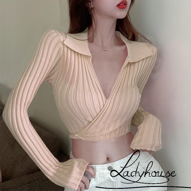 Áo Croptop Dệt Kim Tay Dài Cổ Chữ V Màu Trơn / Trắng / Mơ / Hồng Thời Trang Mùa Xuân