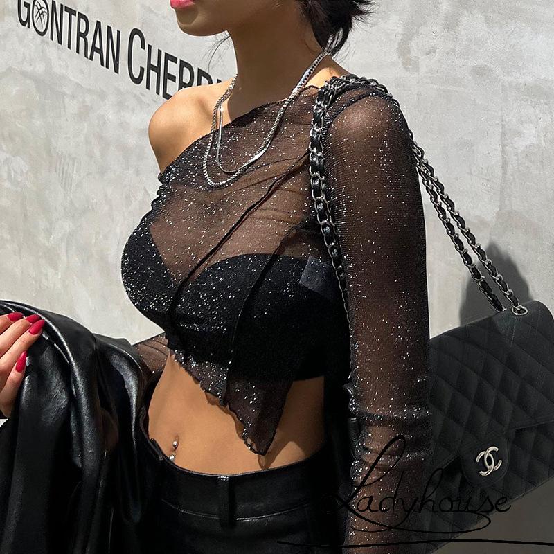 Áo Thun Crop Top Tay Dài Vải Lưới Mỏng Lấp Lánh Thời Trang Cho Bạn Gái