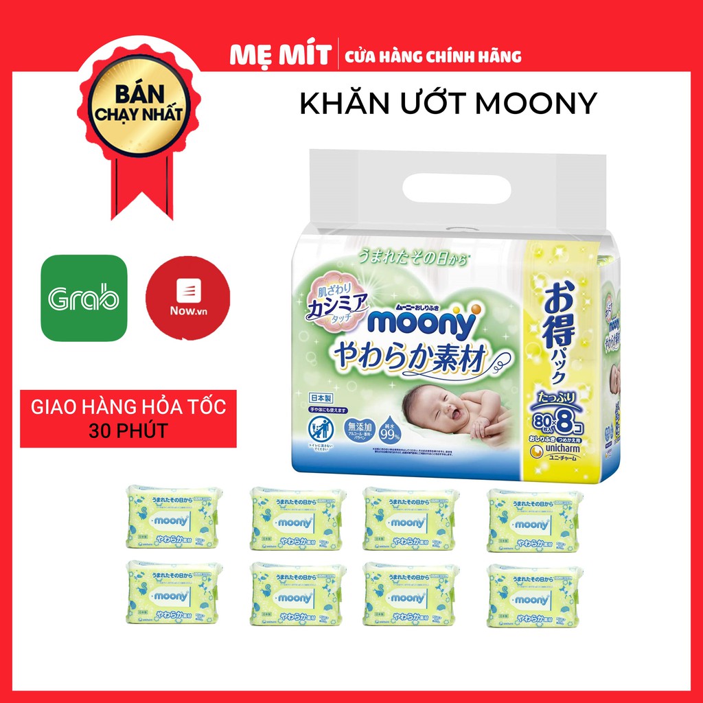 COMBO 8 GÓI KHĂN ƯỚT MOONY NỘI ĐỊA 640 TỜ MẪU MỚI