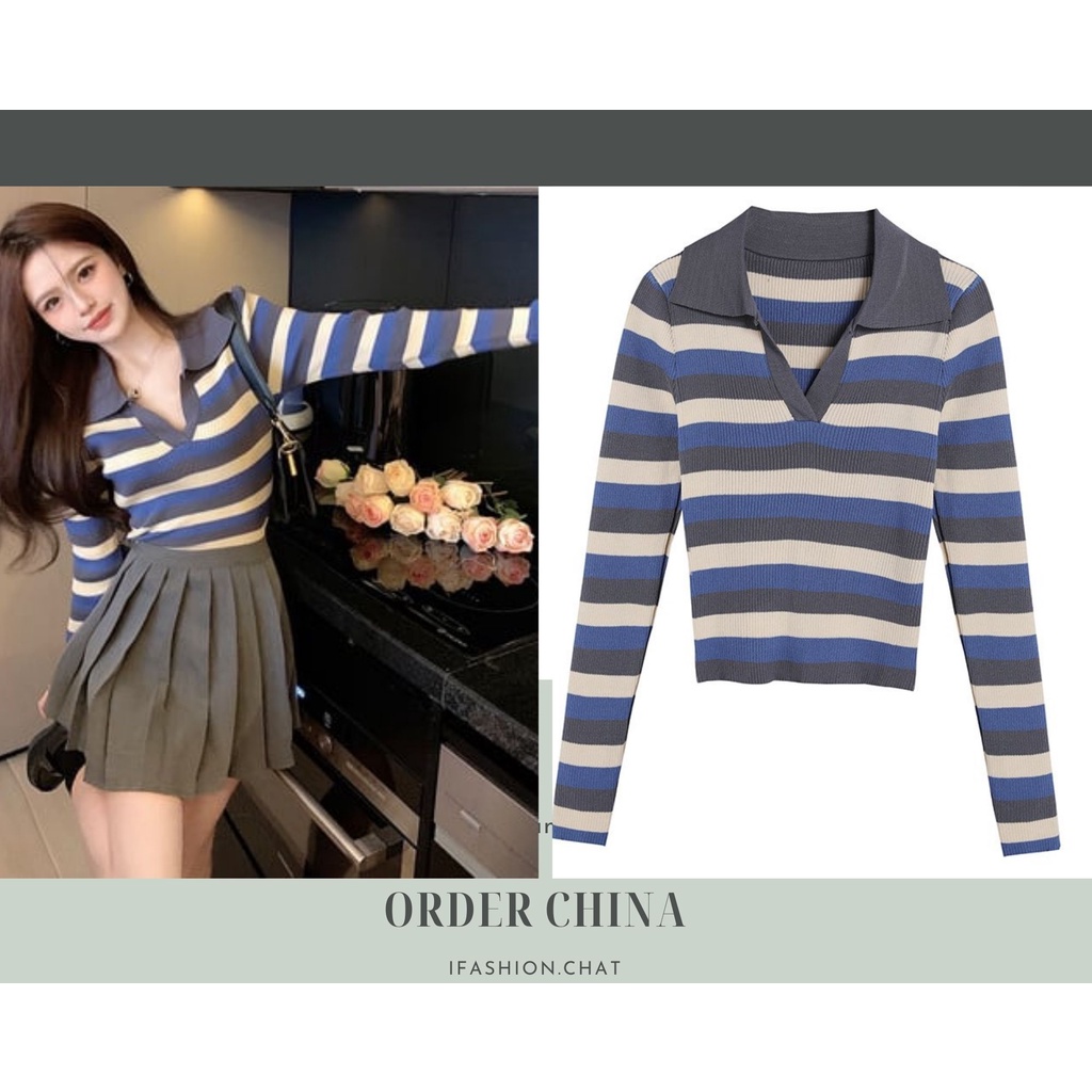 Áo Len Tăm Dài Tay Có Cổ, Họa Tiết Kẻ ngang_ Ảnh thật [T04] - IFashion.Chat