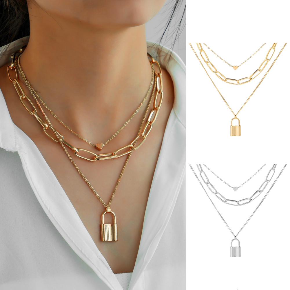 vòng cổ Nhiều Lớp Mặt Hình Ổ Khóa Trái Tim Thời Trang Cho Nữ