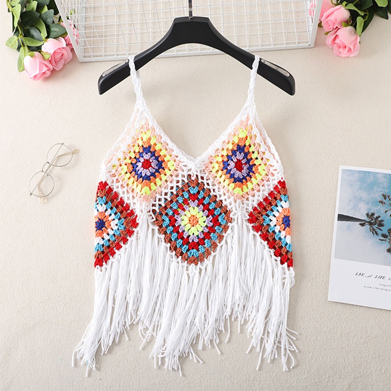Áo Croptop Dệt Kim Không Tay Cổ Chữ V Phong Cách Bohemian Thời Trang Mùa Hè Ngọt Ngào Cho Nữ